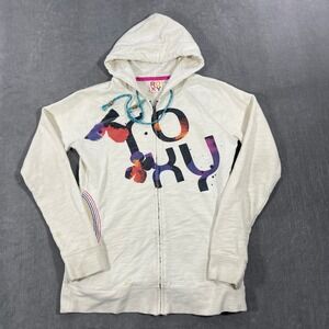Roxy Women Medium Ivory Multicolor Floral Graphic Casual Full Zip Hoodie Jacket